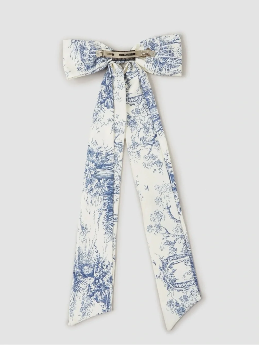 Blue & White Toile Bow Hair Barette - Picture 4 of 4